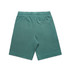 Faded green sports shorts with a back pocket and an elastic waistband. Features a logo.