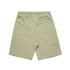 Khaki sports shorts with an elastic waistband and a single back pocket. Features a logo on the waistband.
