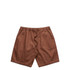 Brown dress shorts with an elastic waistband and pockets, featuring a drawstring at the front.