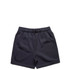 A pair of navy blue track shorts with an elastic waistband and drawstring, featuring a simple design.