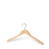 A wooden clothes hanger in a natural finish with a metal hook, featuring a logo. Suitable for various clothing items.
