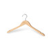 A wooden clothes hanger in a natural finish, featuring a metal hook and a logo.