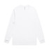 A long-sleeve white t-shirt with a round neckline, featuring a simple design and a logo.