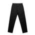 Black cargo pants feature a straight leg design and multiple pockets, along with a logo on the waistband.
