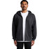 A black zip-up hoodie with a spacious fit, featuring a hood and front pockets. It has a small logo.