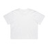 A white cropped t-shirt with a relaxed fit. It features short sleeves and a simple design, including a logo.