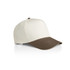 A two-tone cap featuring a cream-coloured crown and a brown peak, with a logo on the front.
