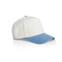 A two-tone cap featuring a white body and a blue peak, complete with a logo on the side.