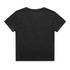 A black ribbed T-shirt featuring short sleeves and a simple design. It has a logo on the back.
