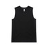 A black sleeveless tank top displayed flat, featuring a simple design and a logo.