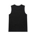 A black sleeveless tank top with a plain design and a logo on the label.