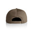 A khaki 7-panel cap featuring a flat brim and an adjustable strap at the back, with a logo present.