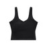 A black active bra tank with wide straps and a V-shaped neckline. The product features a branding logo.