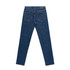 A pair of dark blue standard jeans viewed from the back, featuring five pockets and a branding label.
