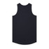 A black singlet featuring a round neck and a curved hem, with a branding logo on the back.