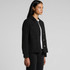 A black canvas chore jacket featuring a collared neckline and front pockets, displayed on a model.
