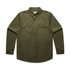 An olive green work shirt with a button-up front and two chest pockets, featuring a logo on the chest.