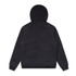 A black bomber hood jacket with a plain back and a hood. It includes a logo.