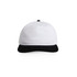 A two-tone cap featuring a white body and a black peak, with a branding logo on the front.
