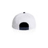 A two-tone cap featuring a white front and a navy blue back, complete with an adjustable strap.