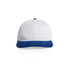 A two-tone cap featuring a white body and a blue corduroy brim, with a logo on the front.