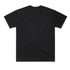A black oversized tee featuring a simple design and a rear view. It includes a logo on the side.