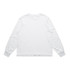 A long-sleeve white T-shirt featuring a round neckline and fitted cuffs, with a brand logo visible.