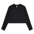 A black long-sleeve cropped t-shirt with a simple design and a logo.