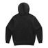 A black hoodie featuring a plain design without any visible logos or branding. The back view highlights the hood and sleeves.