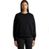 A black sweater with a relaxed fit and long sleeves, featuring a simple design and a logo.