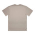 A beige t-shirt with a plain back, featuring a logo on the neckline.
