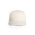 A white mesh trucker cap with a solid front panel and a curved brim, featuring an unobtrusive logo.