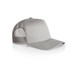 A grey mesh trucker cap featuring a solid front panel and a mesh back, with a curved brim and a logo.