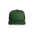 A green mesh contrast trucker cap with a solid front and mesh sides, featuring a branding logo.