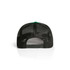 A black mesh trucker cap with a green accent, featuring an adjustable snapback closure and a logo.
