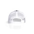 A white mesh trucker cap with a contrasting dark back and adjustable snap closure, featuring a logo.