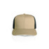 A beige trucker cap with black mesh sides and back, featuring a logo on the front.