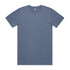 A faded blue T-shirt with short sleeves and a round neckline, featuring a branding logo.