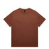 A brown T-shirt with a crew neck and short sleeves, featuring a label at the neckline.