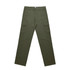 Utility cargo pants in olive green featuring multiple side pockets and a branded label.
