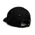 A black cap featuring a curved brim and gold eyelets, with an adjustable strap at the back.