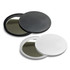 A set of two circular compact mirrors in black and white, each featuring a reflective surface.