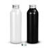 A drink bottle featuring a sleek design in black and white, with a silver screw top and a branding logo.