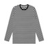 A long-sleeve t-shirt featuring black and white stripes with a crew neckline and a logo on the label.