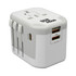 A compact white power adapter with multiple plug options and USB ports. It features a visible logo on one side.