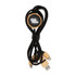 A set of black charging cables with wooden ends, secured with a round wooden holder featuring a logo.