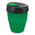 A drink bottle featuring a green body and a black lid, with a logo visible on the side.