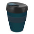 A drink bottle featuring a dark teal and black design with a secure lid and a silicone sleeve.