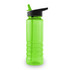 A drink bottle in bright green with a black lid and built-in straw, featuring a textured grip.