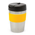 A drink bottle featuring a stainless steel body with a black lid and a yellow silicone band.